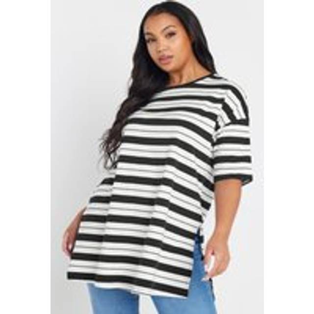 Yours Curve White & Black Stripe Longline Tshirt, Women's Curve & Plus Size, Yours - 22-24