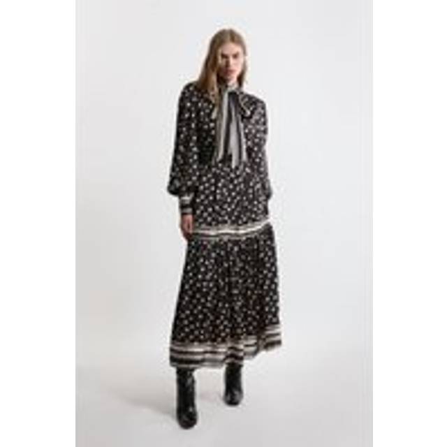 Petite Polka Dot Woven Balloon Sleeve Belted Midaxi Dress - Mono