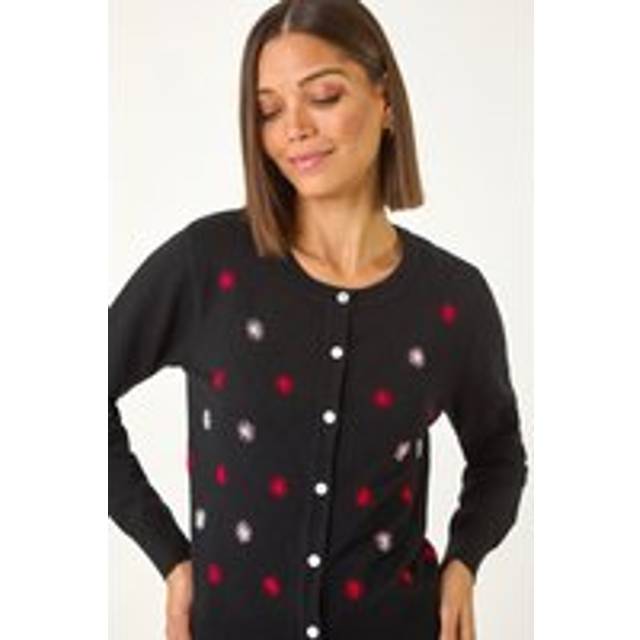 Embroidered Daisy Knit Cardigan - Black - 14