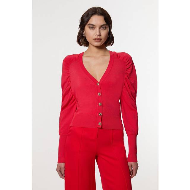 Premium Drapey Knit Ruched Sleeve Cardi - Red