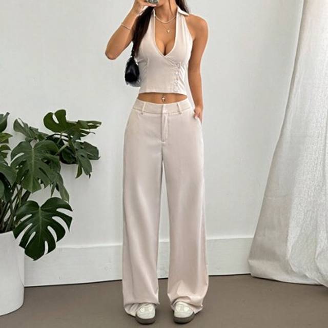 Flirla Women&#39;s Suit Set: Deep V-Neck Blouse & High-Waist Straight Leg Pants