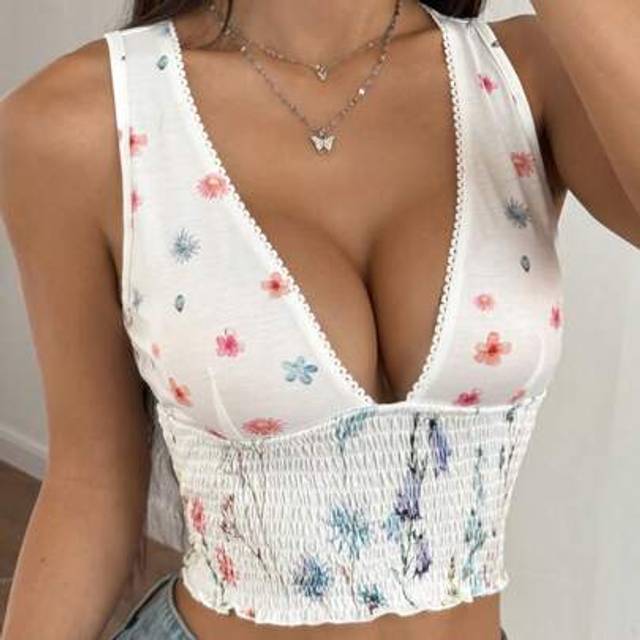 Damns Ditsy Blommig Kontrast Spets Trim Deep V Linne - Vitt (L,M,S,XS)