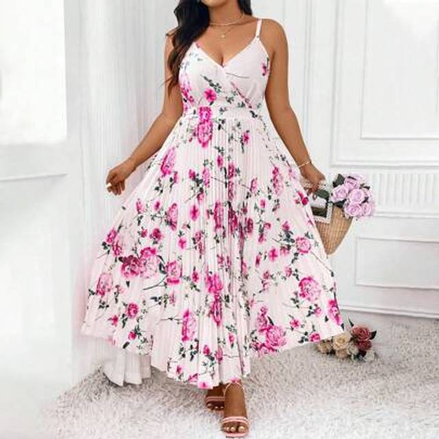 Breezaya Plus Size Floral Printed Pleated Summer Sleeveless Cami Dress Maxi Women Outfit