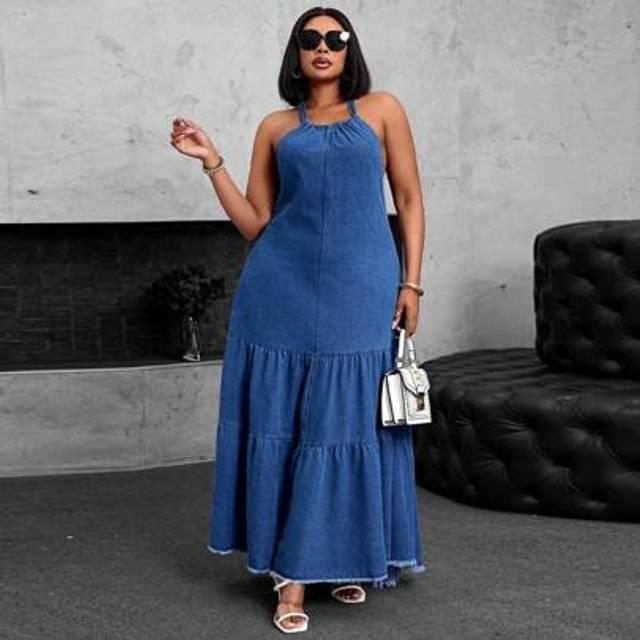 SHEIN Plus Size Women Halter Super Long Denim Dress Summer Outfits For Women Festival Outfits Elegant Vacation Outfits Woman Sundress Milkmaid Dress Women W