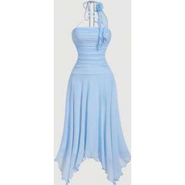 SHEIN Ruched Asymmetrical Hem Mesh Halter Light Blue Long Dress,Grad Dress