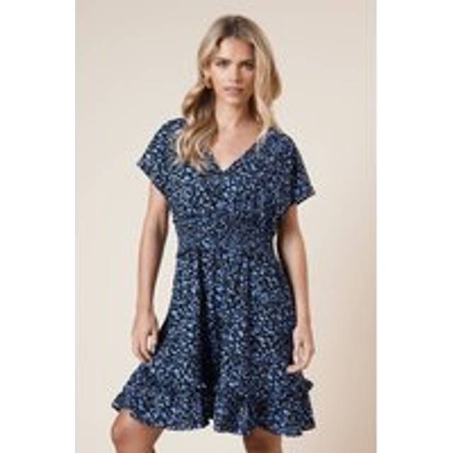 Petite V Neck Blue Spot Shirred Waist Smock Mini Dress - 8