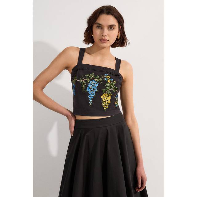 Tall Floral Embroidered Woven Strappy Top - Black