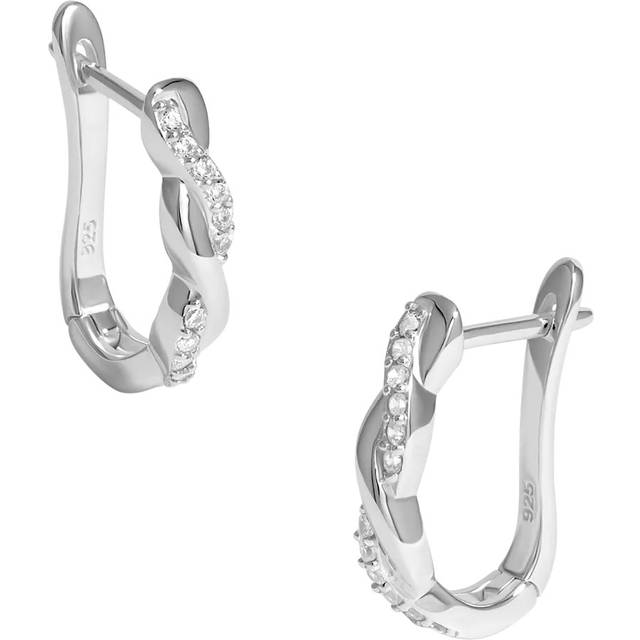 Sterling Silver 925 Polsihed And Cubic Zirconia Plaited Hoop Earrings - One Size
