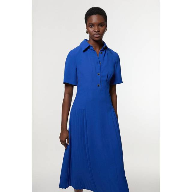 Tailored Crepe Pleated Panelled Shirt Dress - Cobalt - 10