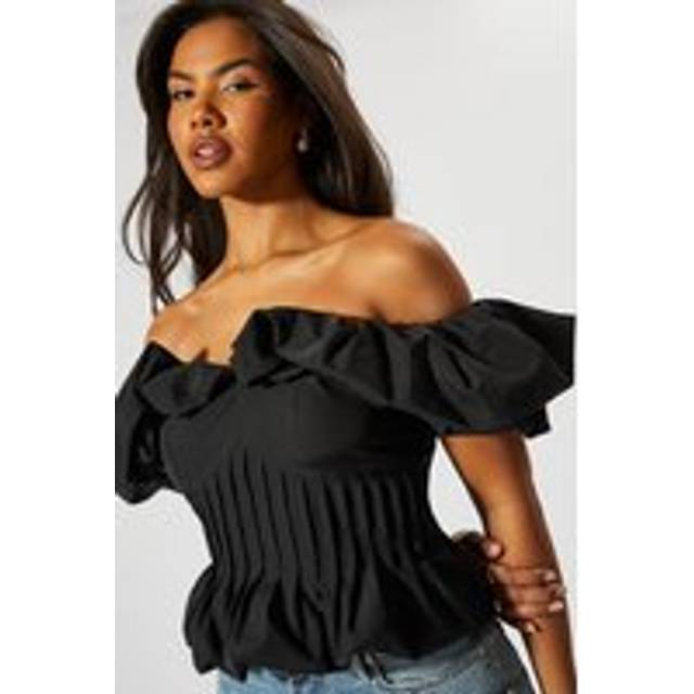 Womens Ruffle Bardot Cinched Waist Top - Black - 8