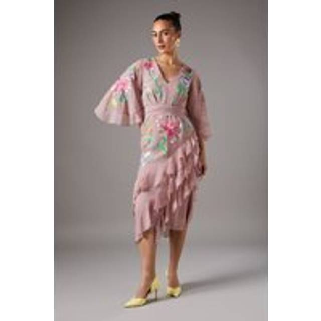 Embroidered Midi Dress With Ruffles - Nude - 10