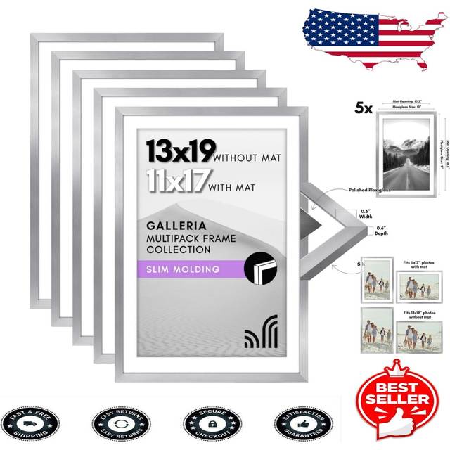 Americanflat 13x19 Picture Frame with Polished Plexiglass - Set of 5 - Use as 11x17 Frame with Mat or 13x19 Frame Without Mat - Galleria Collection -