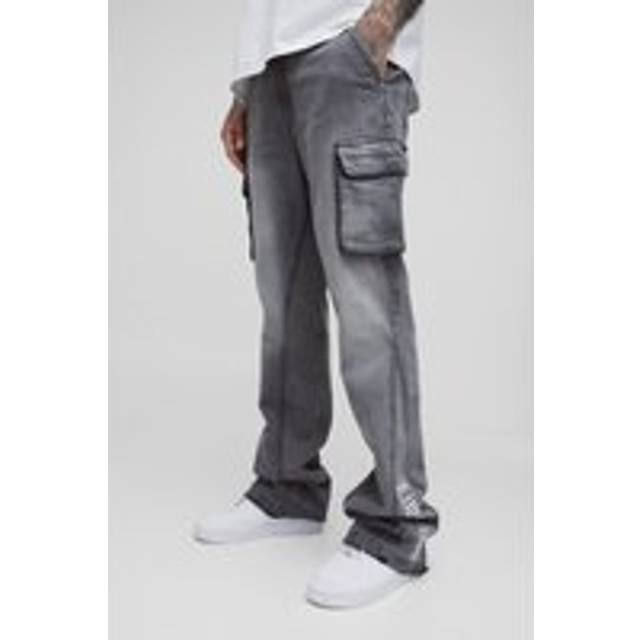 Mens Grey Tall Applique Gusset Cargo Flared Jeans