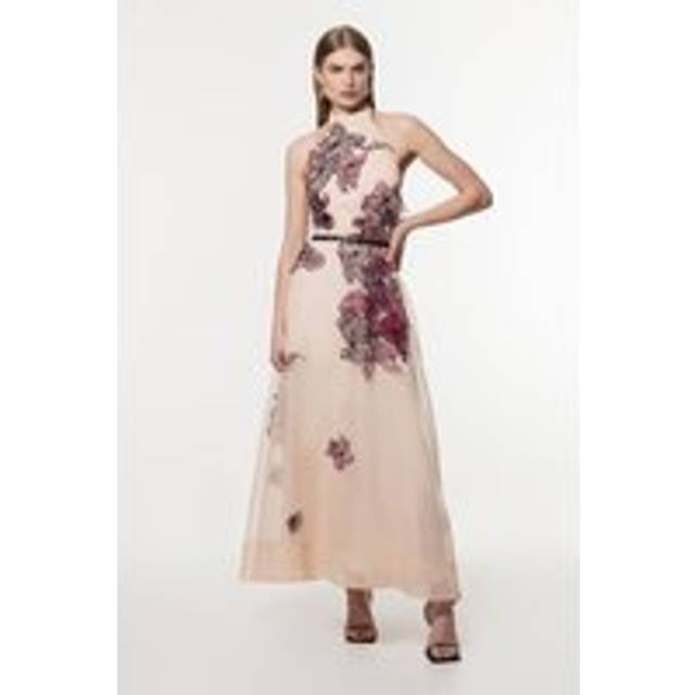 Floral Applique Organdie Woven Halter Neck Maxi Dress - Pink