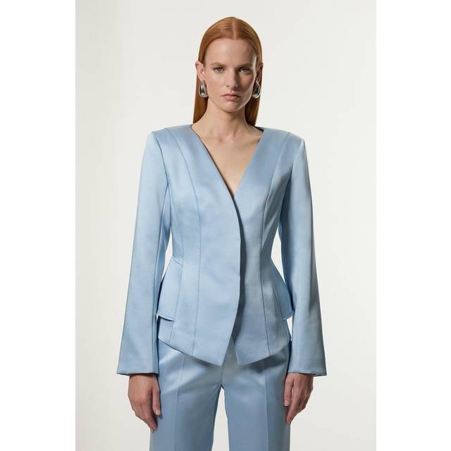 Structured Viscose Satin Stitch Detail Tailored Peplum Blazer - Pale Blue
