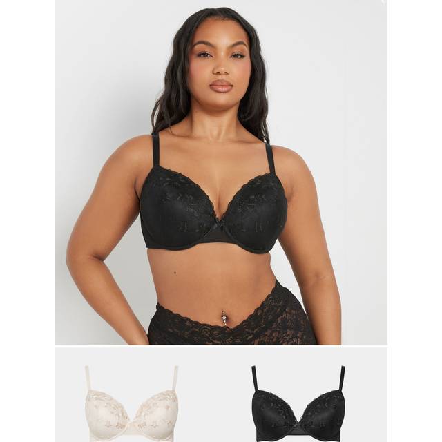 Yours 2 Pack Curve Black & White Floral Lace Embroidered Padded Bras - 42C