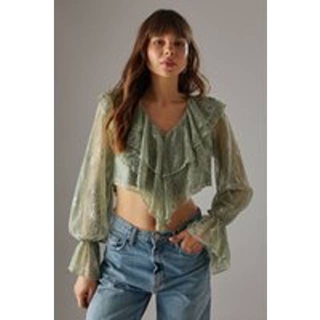 Womens Lace Double Ruffle Blouson Blouse - khaki - Khaki - 14