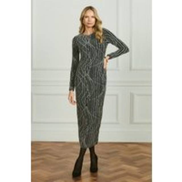 Izabel London Abstract Print Long Sleeve Ruched Midi Dress In Silver - 8