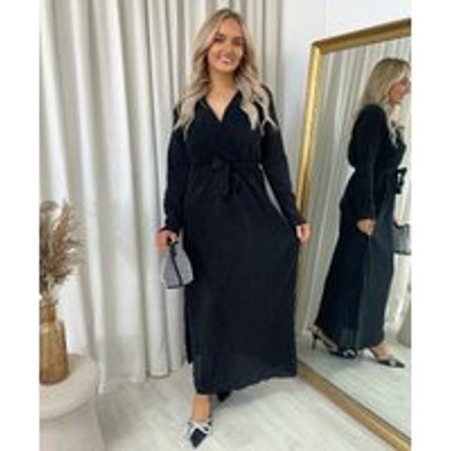 Pamela Elegant V Neck Tie Waist Glittery Maxi Dress - Black - One Size