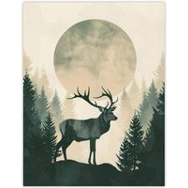 Wall Art Print Full Moon Forest Hill Stag Grey Green Design Poster - W24 inch x H32 inch