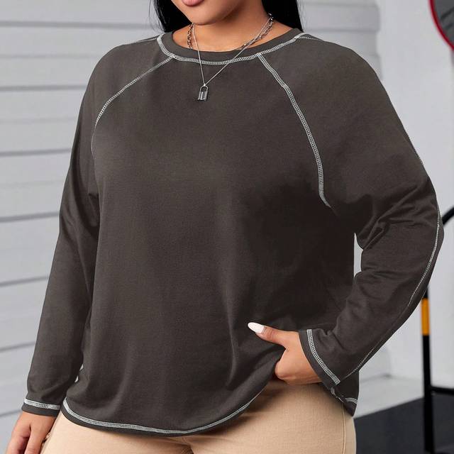 SHEIN Plus Size Contrast Binding Round Neck Long Sleeve Fall T-Shirt