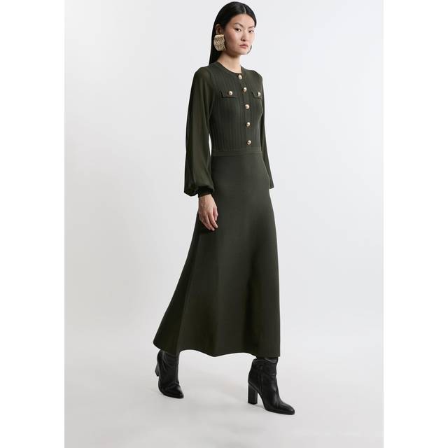 Viscose Blend Maxi Knit Dress With Chiffon Sleeve Military Trim - Olive
