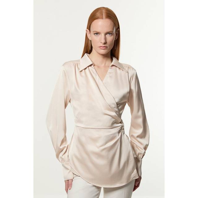 Petite Satin Back Crepe Pearl Detail Wrap Blouse - Champagne