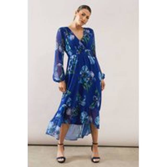 Womens Floral Elasticated Waist Chiffon Midi Dress - Blue - 12