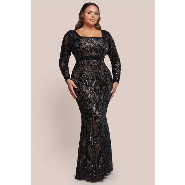 Goddiva Sequin Square Neck Maxi With Scallop Hem In Black - 24