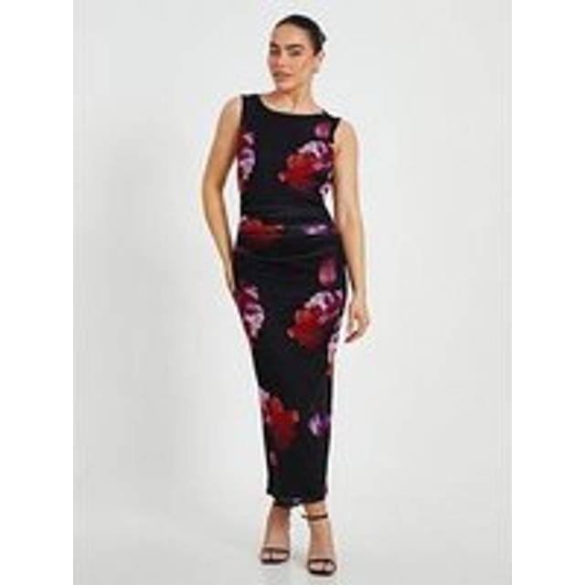 Womens Black Petite Mesh Floral Midaxi Dress - 14