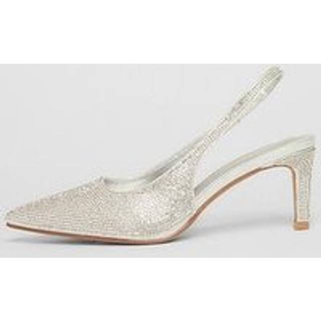 Womens Silver Diamante Sling Back Heels - Grey - 4