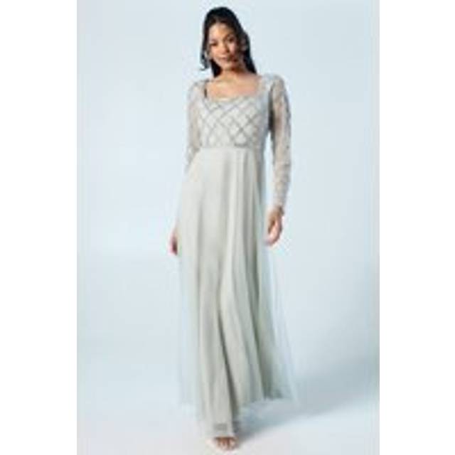 Diamante Geo Bodice Long Sleeve Tulle Bridesmaids Dress - Sage - 12
