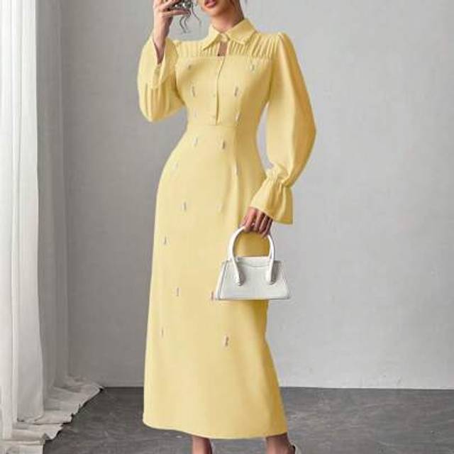 Rafferiza Chiffon Long Sleeve Elegant Beaded Fitted Dress, Suitable For Daily Wear And Formal Occasions