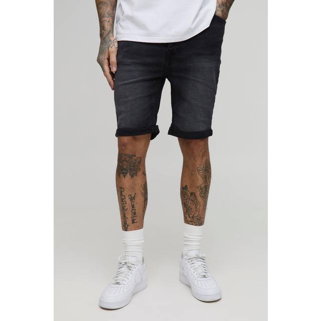 Tall Skinny Stretch Ripped Denim Shorts - Black - 32
