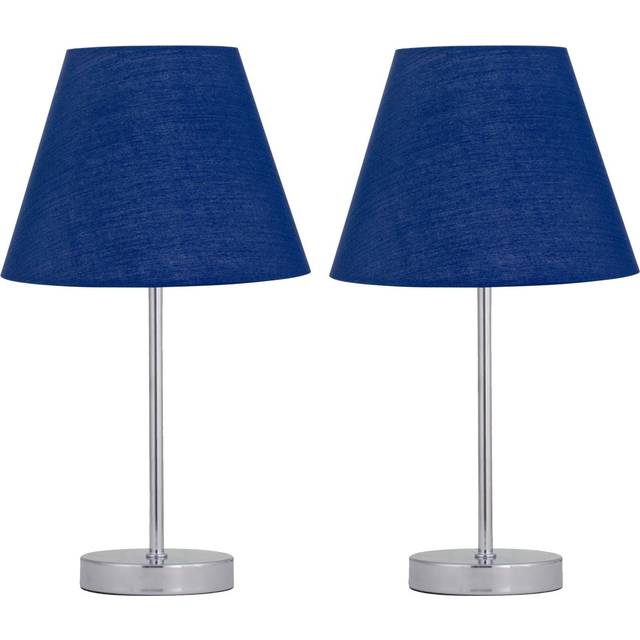 Set of 2 Chrome Stick Table Lamps with Navy Blue Fabric Shades