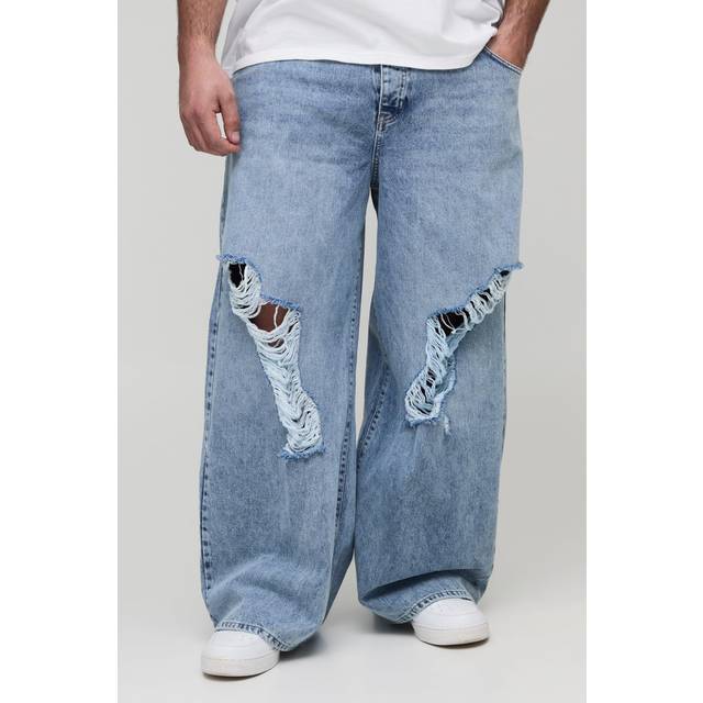 Mens Light Wash Plus Busted Knee Baggy Flared Jeans