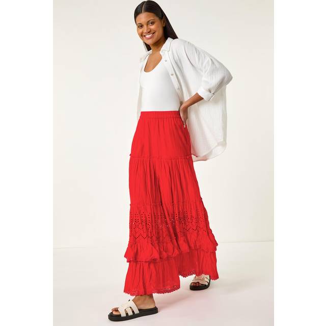 Roman Red Broderie Tiered Maxi Skirt - Size 20