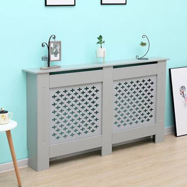 (White, Large) Radiator Cover MDF Wooden Slatted Grill Decorative