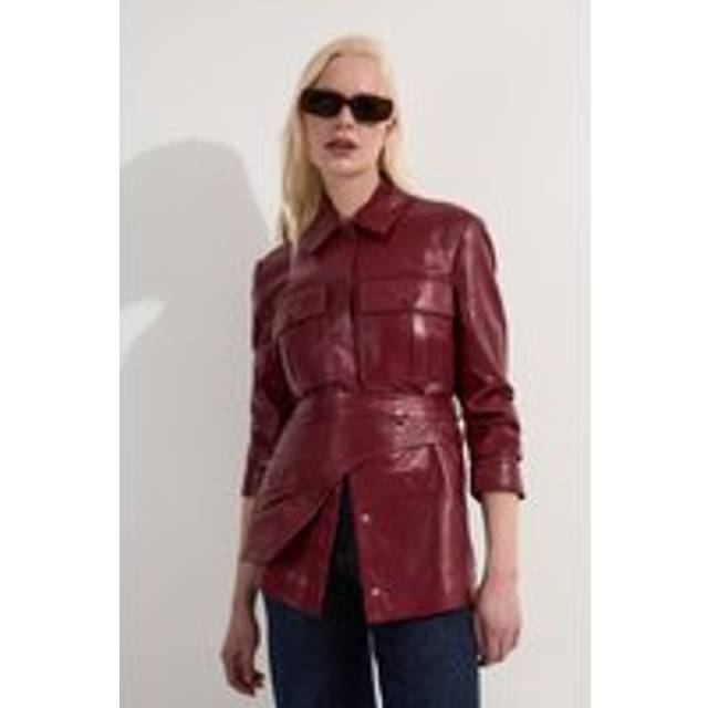 Leather Safari Jacket With Detachable Wrap Belt Detail - Red