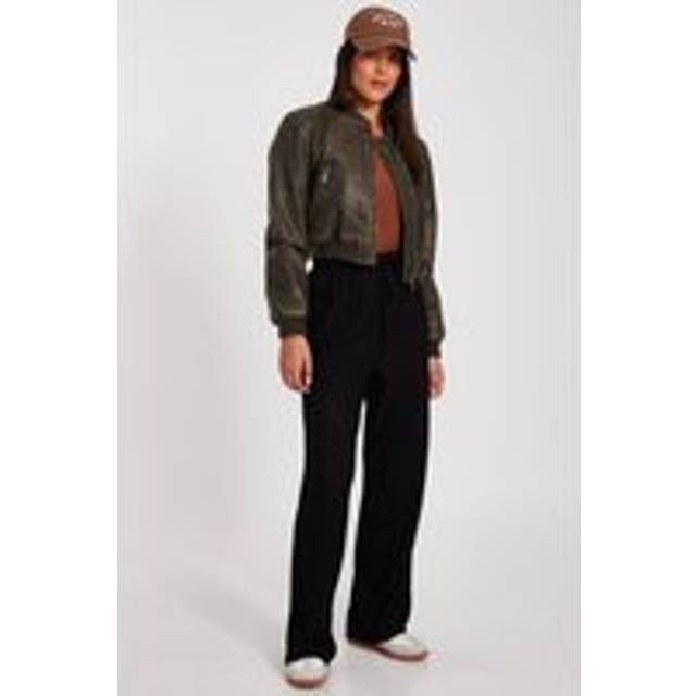 Khaki Faux Leather Bomber Jacket - 12