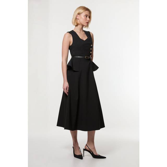 Compact Stretch Belted Peplum Detail Full Skirted Midi Dress - Black