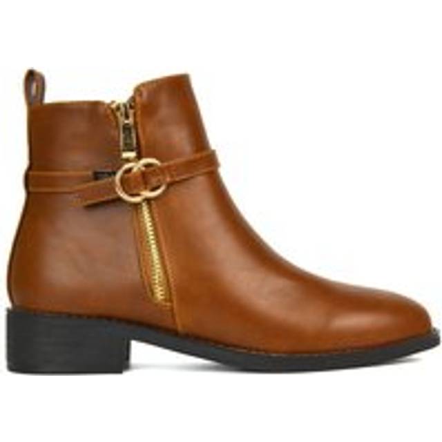 'Lorna' Flat Low Heel Ankle Booties With Decorative Buckle and Zip - Tan - 7