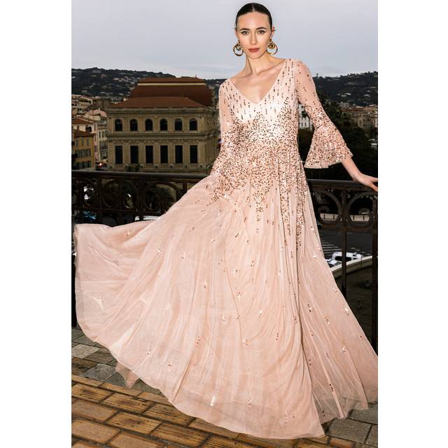 Sunray Hand Embellished Sequin A-Line Bell Sleeve Maxi Dress - Champagne by Goddiva - 12