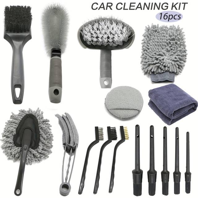 TEMU 4pcs/16pcs Gray Car Wash Kit, Microfiber Wash Gloves, Towels, Wheel Brushes, Car Detailing Brushes, Tire And Rim Brushes, External Car Cleaning Kit