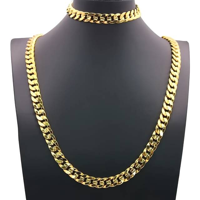 TEMU Men's Vintage-inspired Hip Hop Jewelry Set - Cuban Link Bracelet & Necklace, Fashion Accessory For Parties And Casual Attire