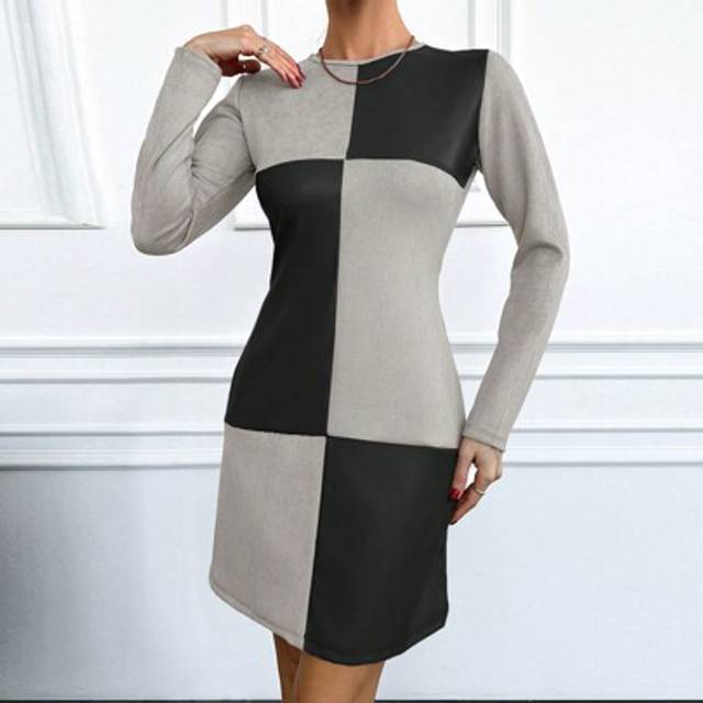 Kvinnors Lång Ärm PU Läder Panel Lapptäcke Klänningar - Brun (L,M,S,XL)