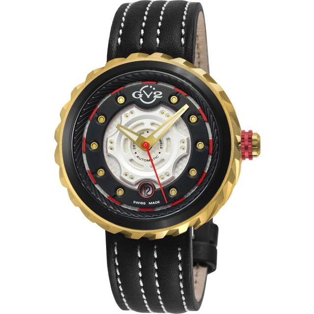 GV2 Motorcycle IPGP/BLK Case, Black GP dial, GP hands, Genuine Handmade Italian Leather Black/White Strap - One Size