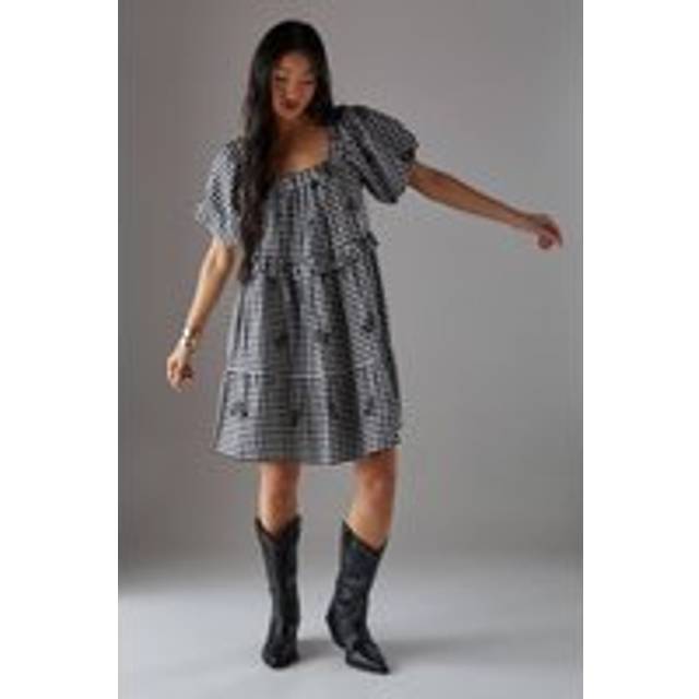 Womens Petite Embroidered Gingham Smock Mini Dress - Black - 12