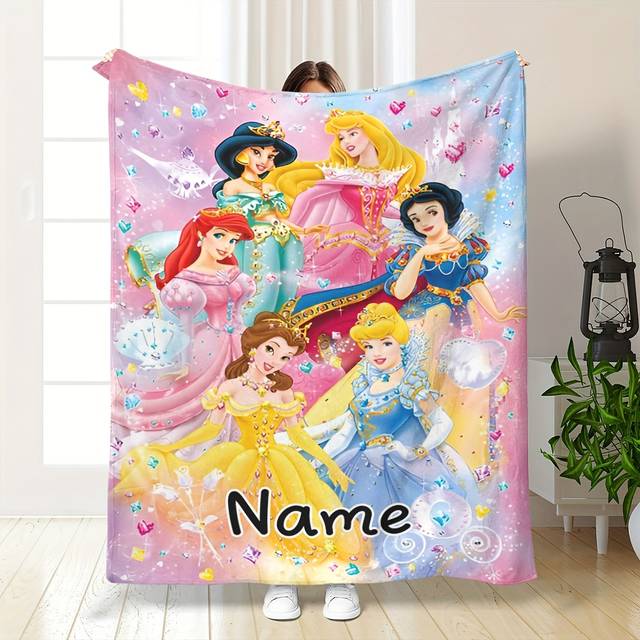 TEMU Princess Personalized Name Custom Flannel Blanket - Soft Pastel Fairy Tale Design, Multi-use Tapestry Wall Hanging, Sofa Bed Throw, Gift & Fans