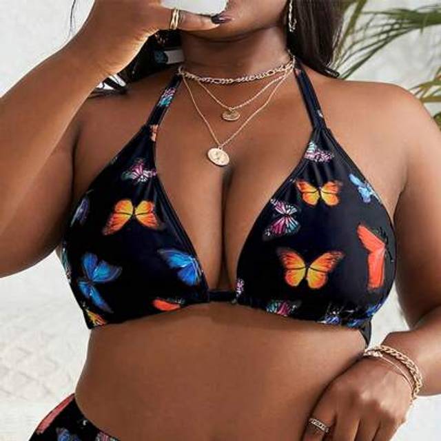 SHEIN Plus Size Women Random Butterfly Print Triangle Halter Bikini Top, For Beach, Vacation, Casual Wear